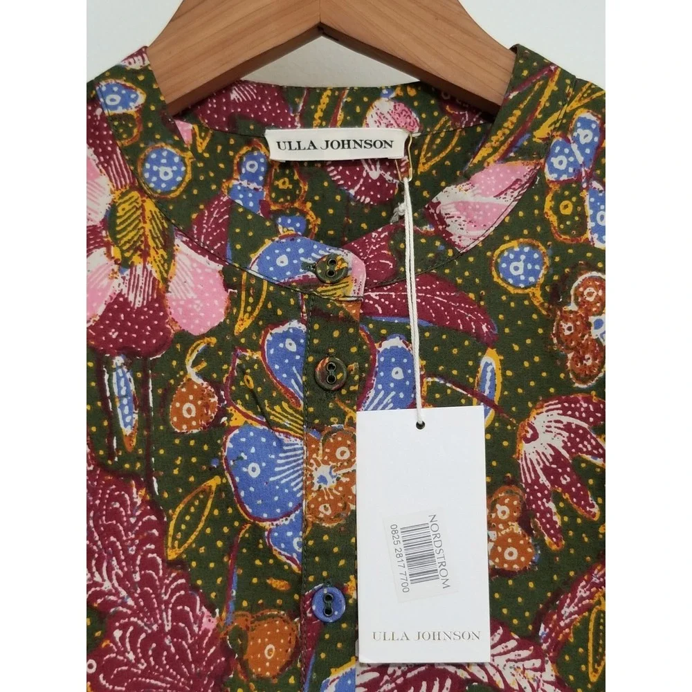 Ulla Johnson Willa Puff Sleeve 100% Cotton Blouse Pine Green Floral Size 0 $275